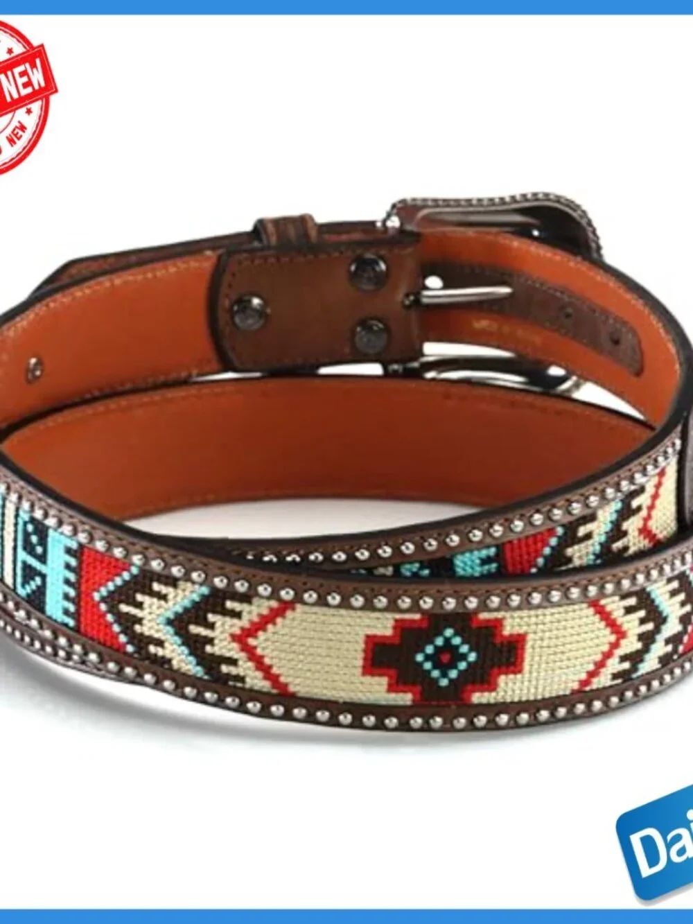 Men's Genuine Leather Western Belt with Embroidered Pattern, Size 44